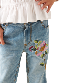 Angel & Rocket Kids' Embroidered Flared Denim Jeans, Blue/Multi - view 2, Blue/Multi