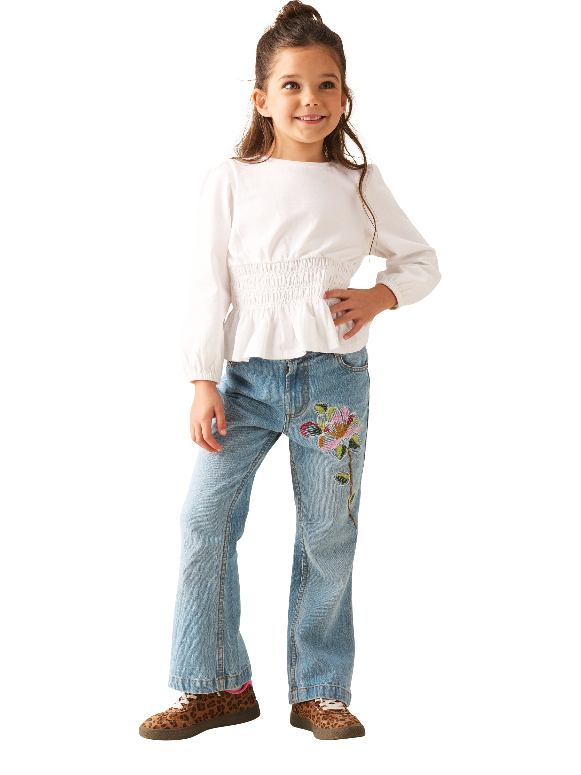 Product image 3 of 7, which shows Angel & Rocket Kids' Embroidered Flared Denim Jeans, Blue/Multi, 3 years