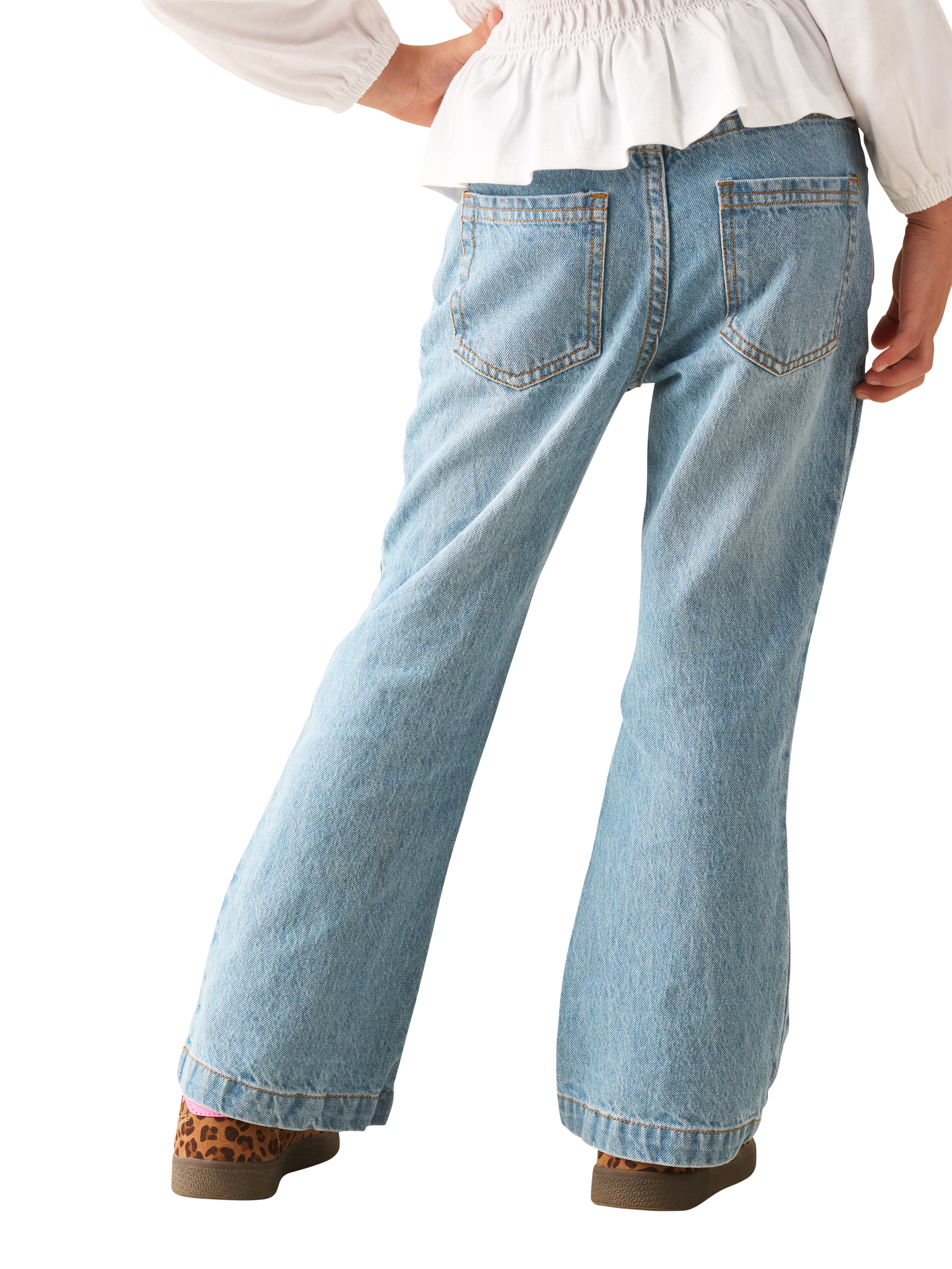 Product image 4 of 7, which shows Angel & Rocket Kids' Embroidered Flared Denim Jeans, Blue/Multi, 3 years