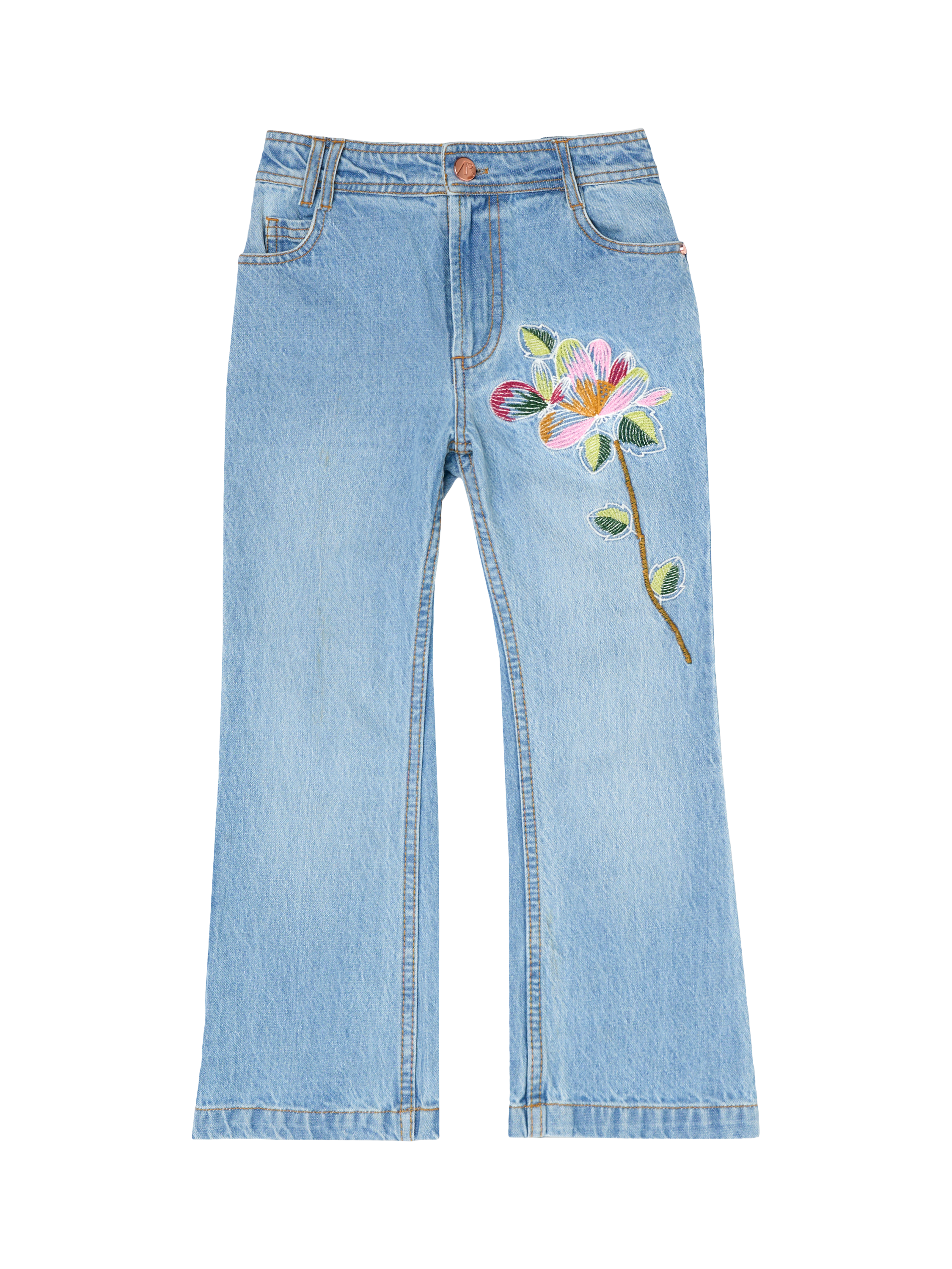 Product image 5 of 7, which shows Angel & Rocket Kids' Embroidered Flared Denim Jeans, Blue/Multi, 3 years