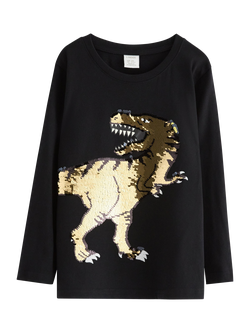 Lindex Kids' Cotton Long Sleeved Sequin Dinosaur Top, Black, Black