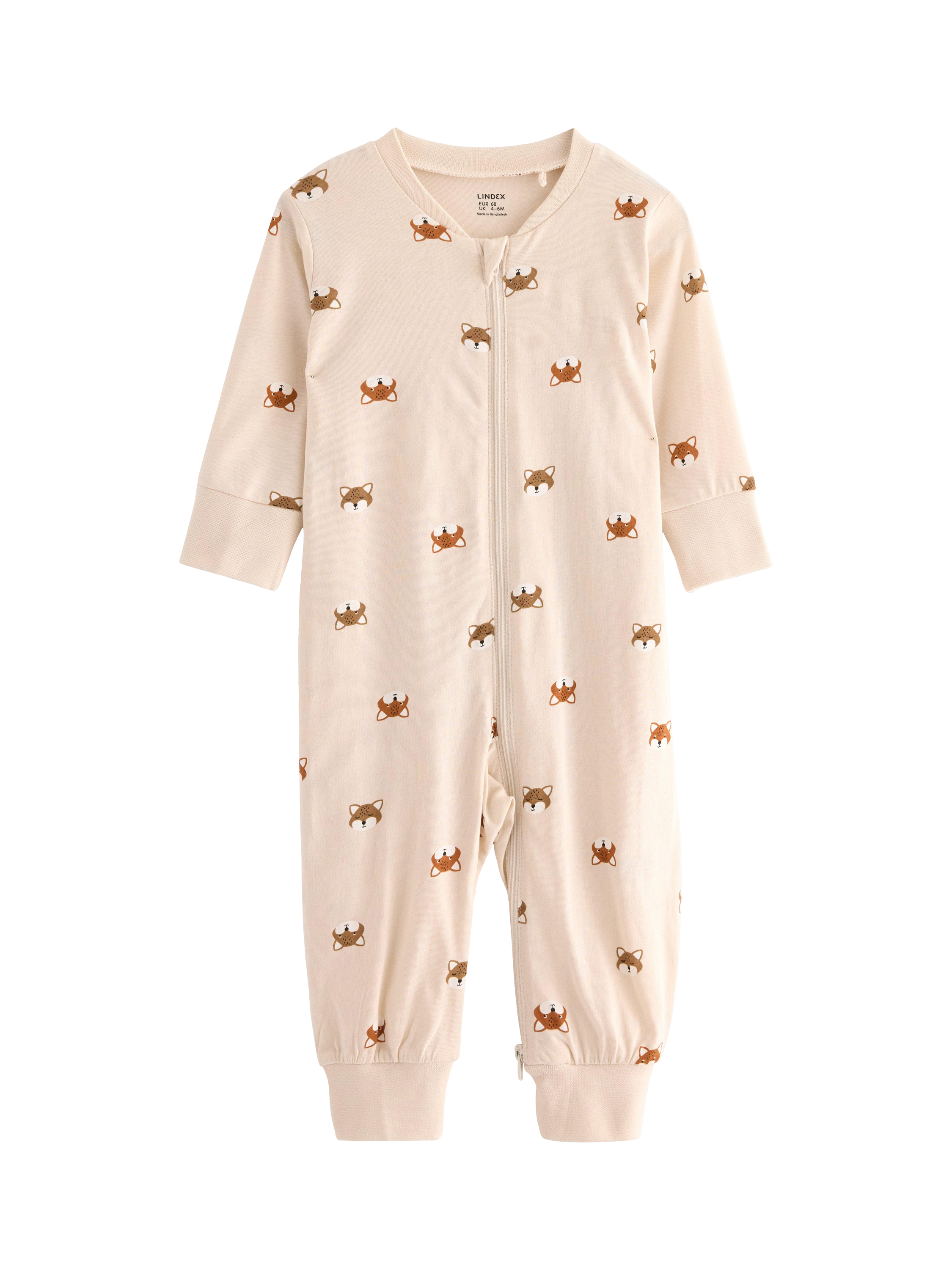 Product image 1 of 3, which shows Lindex Baby Fox Jersey Sleepsuit, Light Beige, 3-4 years