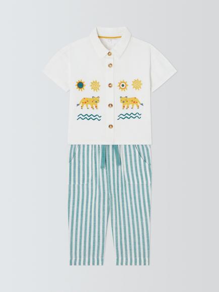 John Lewis Baby Tiger Embroidery Short Sleeve Shirt & Trousers Set, Multi, Multi
