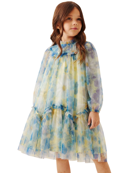 Angel & Rocket Kids' Long Sleeve Floral Ruffle Dress, Yellow, Yellow