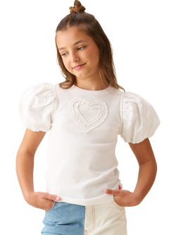 Angel & Rocket Kids' Ruffle Heart Puff Sleeve T-Shirt, White, White