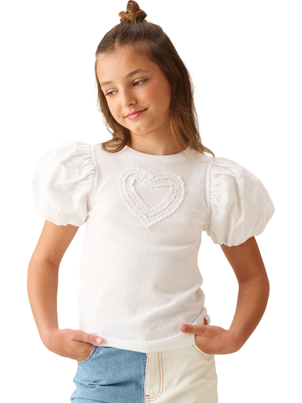 Angel & Rocket Kids' Ruffle Heart Puff Sleeve T-Shirt, White, White