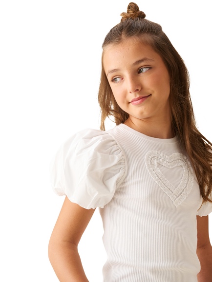 Angel & Rocket Kids' Ruffle Heart Puff Sleeve T-Shirt, White - view 2, White