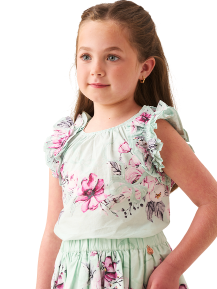 Angel & Rocket Kids' Floral Ruffle Top, Green