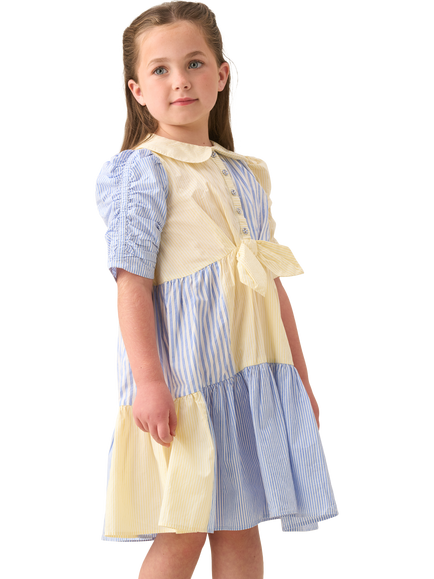 Angel & Rocket Kids' Cotton Patchwork Shirt Dress, Yellow/Blue, Yellow/Blue