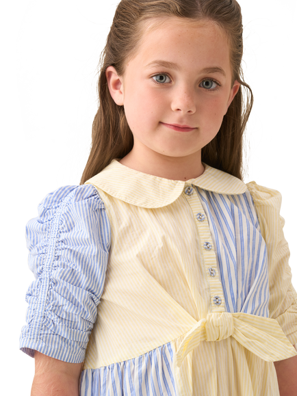 Angel & Rocket Kids' Cotton Patchwork Shirt Dress, Yellow/Blue - view 2, Yellow/Blue