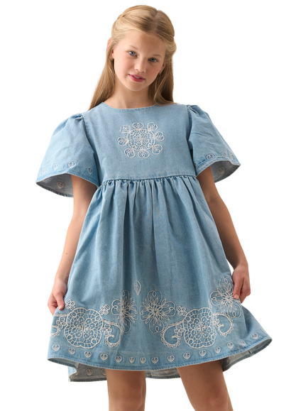 Angel & Rocket Kids' Cotton Denim Embroidered Swing Dress, Blue, Blue