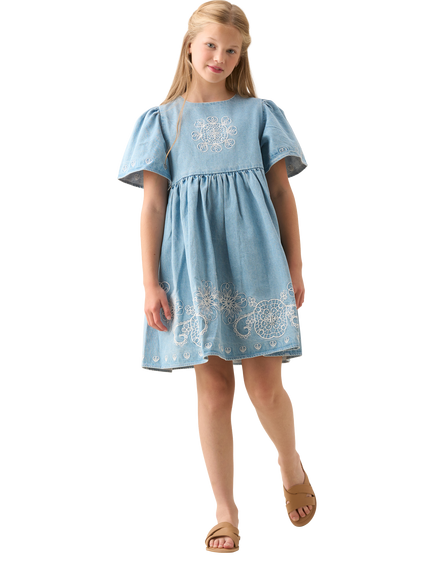 Angel & Rocket Kids' Cotton Denim Embroidered Swing Dress, Blue - view 2, Blue