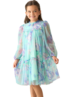 Angel & Rocket Kids' Long Sleeved Mesh Floral Dress, Green, Green