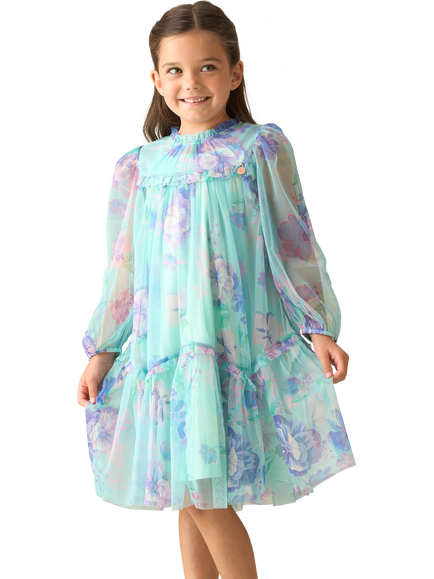 Angel & Rocket Kids' Long Sleeved Mesh Floral Dress, Green, Green
