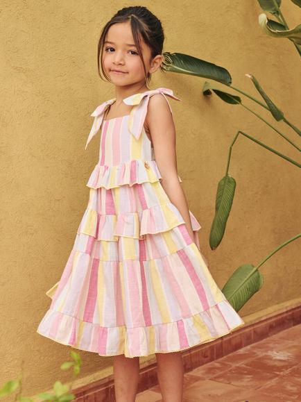 Angel & Rocket Kids' Sleeveless Striped Tiered Midi Dress, Pink/Multi - view 2, Pink/Multi