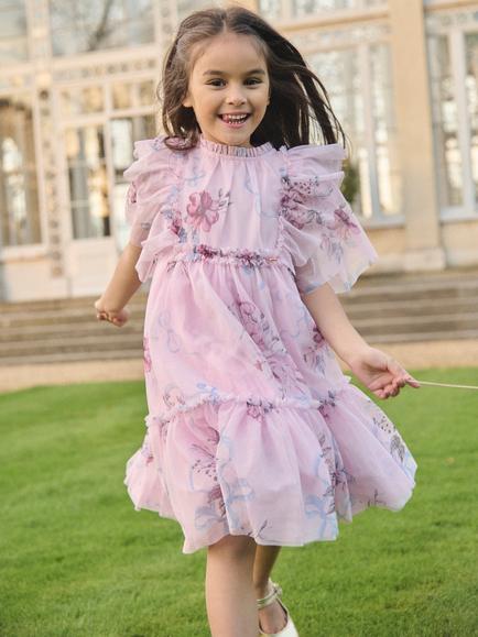 Angel & Rocket Kids' Short Sleeve Floral Mesh Dress, Pink - view 2, Pink