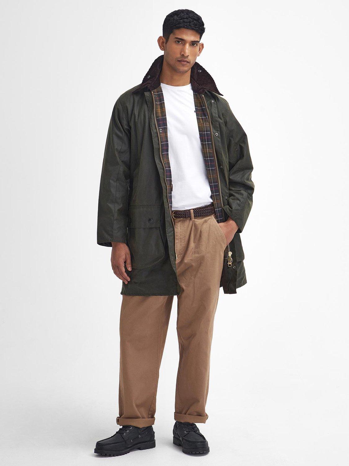 Product image 1 of 9, which shows Barbour Border Long Waxed Jacket, Archive Olive, 40R