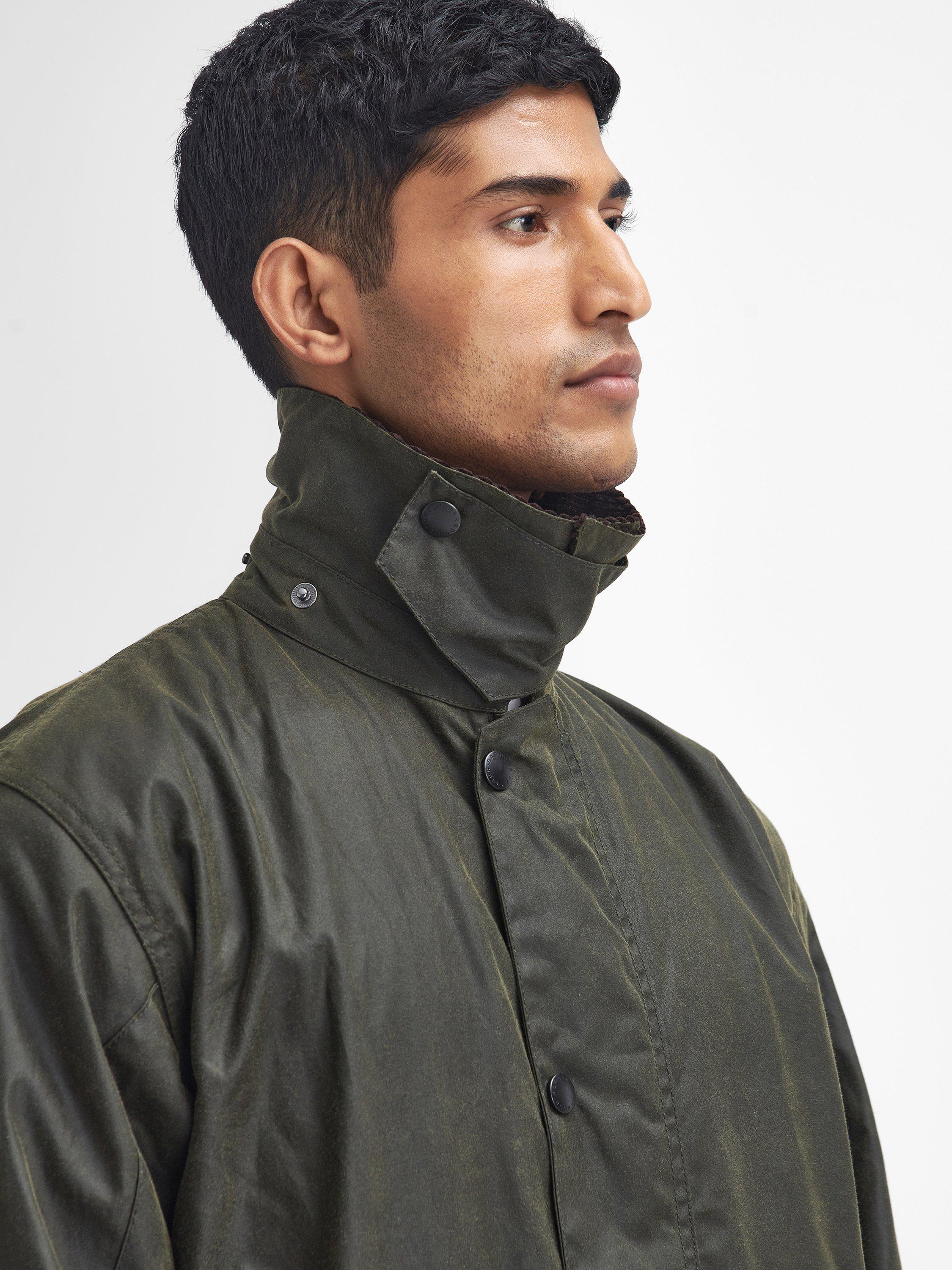 Product image 5 of 9, which shows Barbour Border Long Waxed Jacket, Archive Olive, 40R