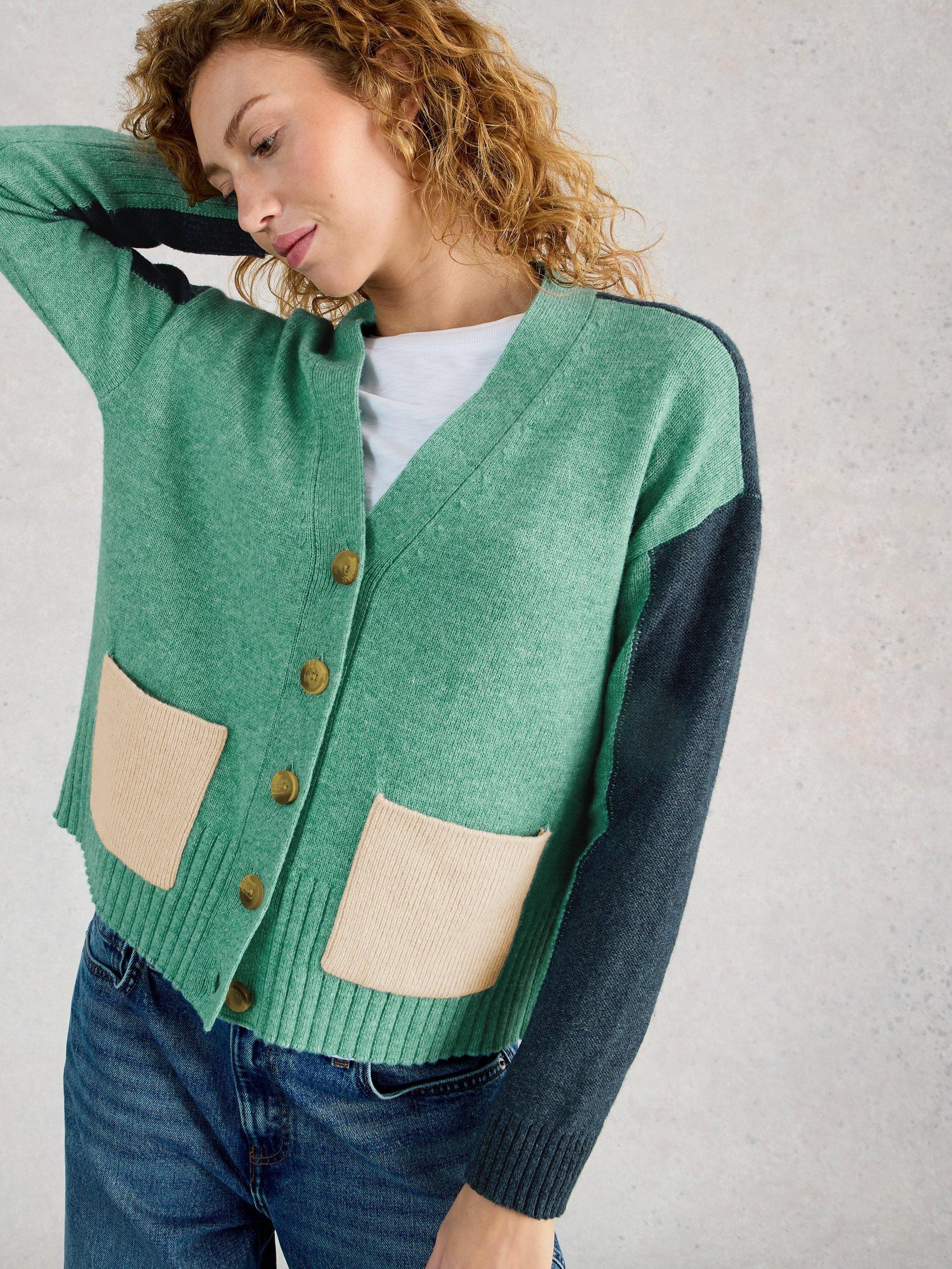 Product image 3 of 6, which shows White Stuff Mary Colour Block Wool Blend Cardigan, Green/Multi, 6