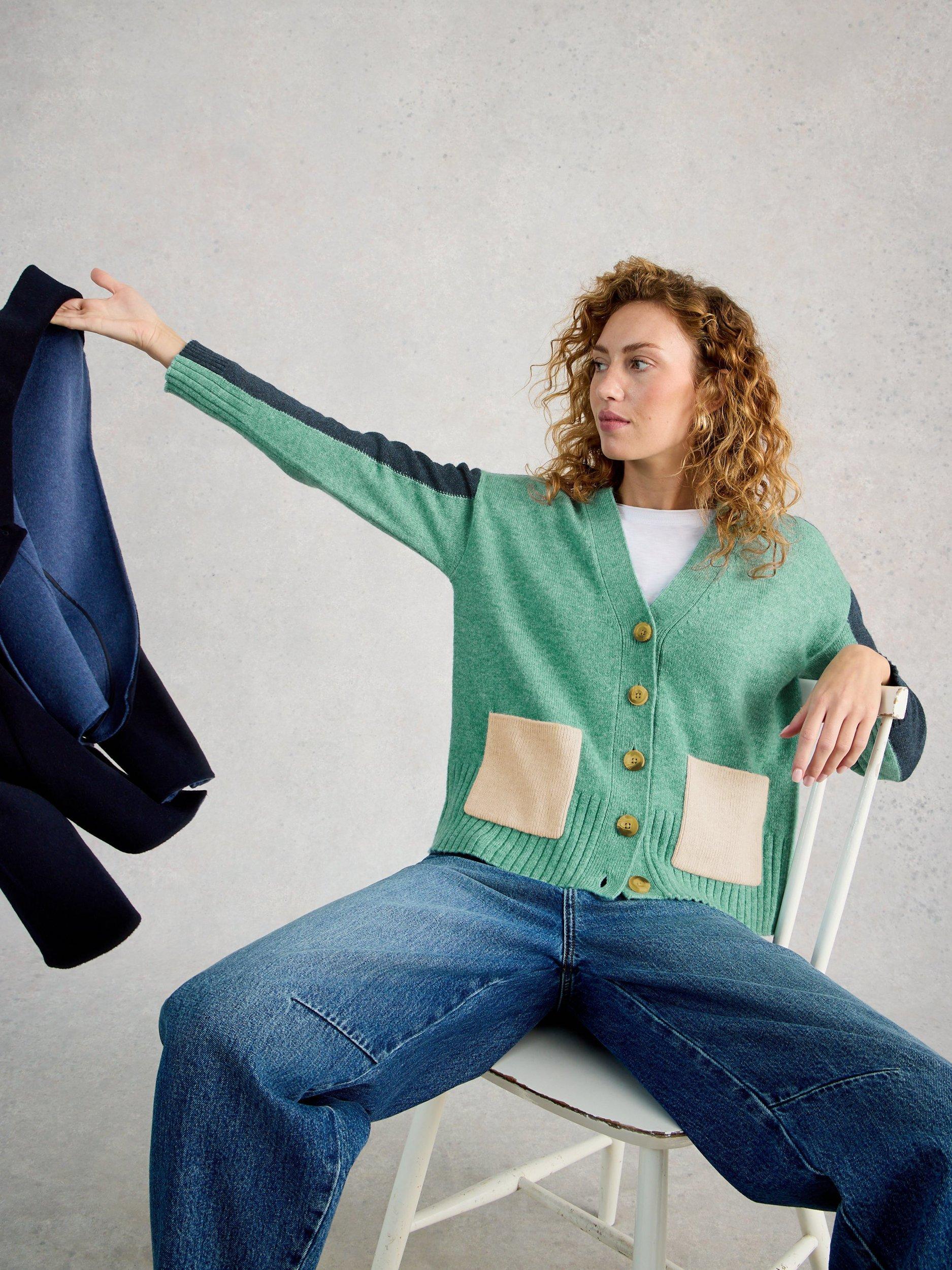 Product image 4 of 6, which shows White Stuff Mary Colour Block Wool Blend Cardigan, Green/Multi, 6