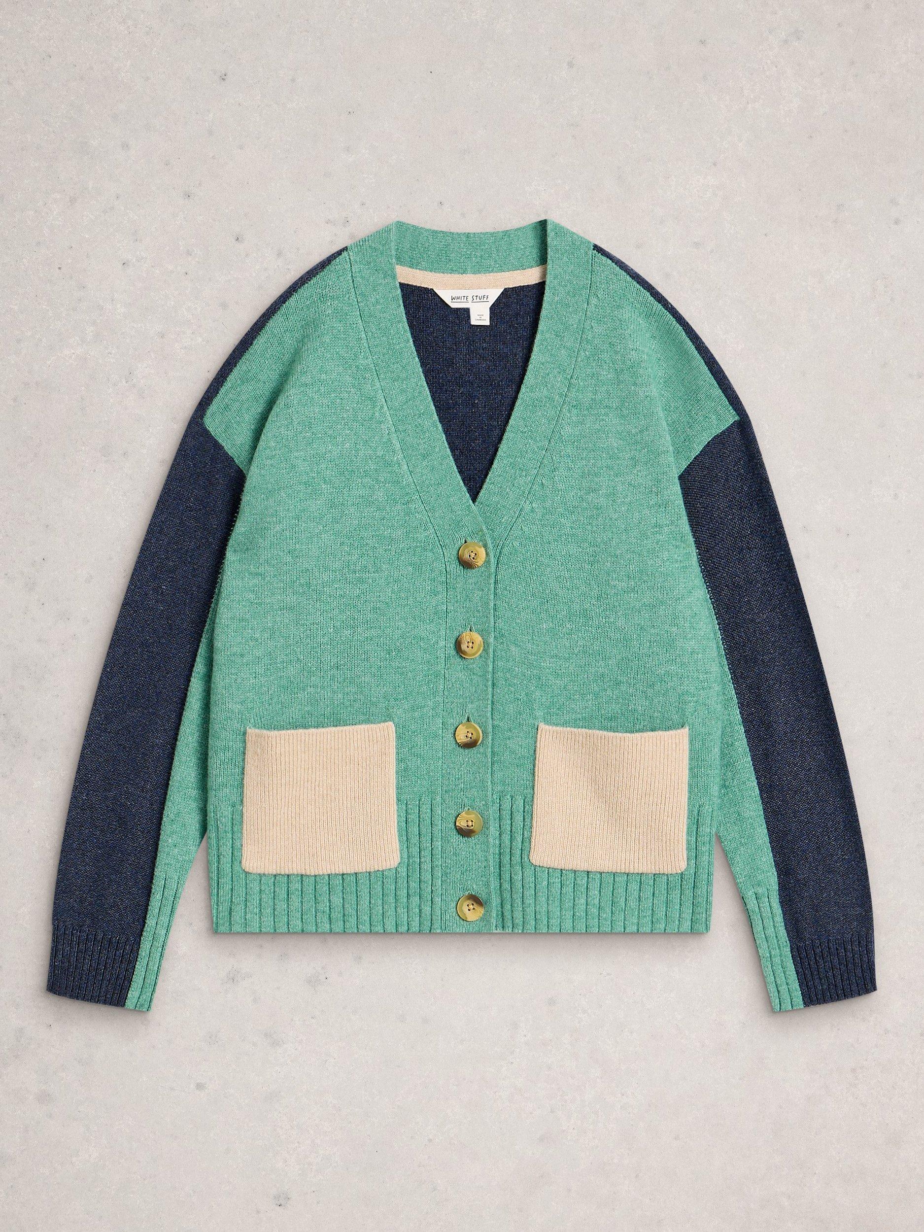 Product image 5 of 6, which shows White Stuff Mary Colour Block Wool Blend Cardigan, Green/Multi, 6
