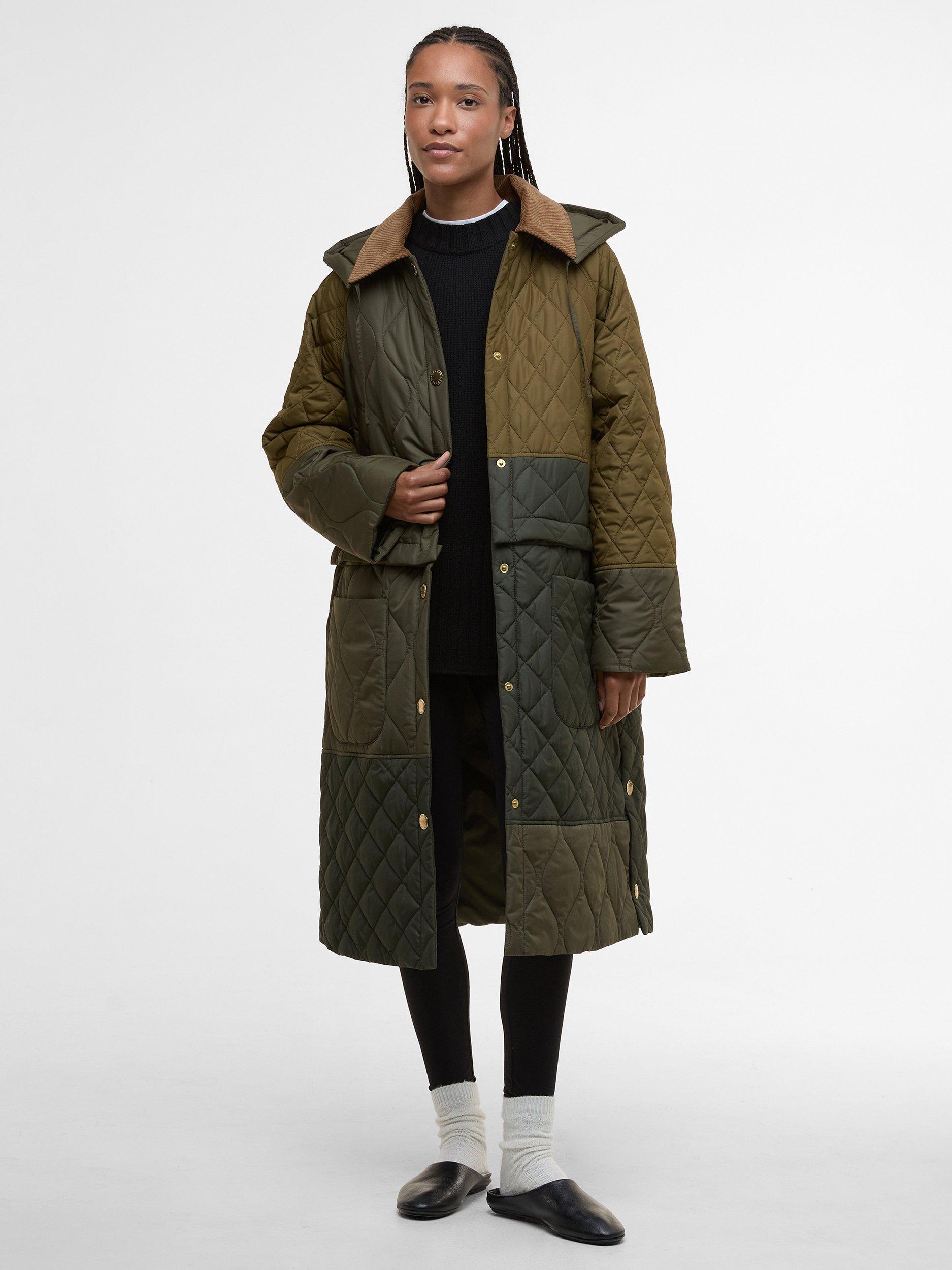 Product image 1 of 8, which shows Barbour Lilian Quilted Longline Jacket, Fern Leaf/Light Sage, 14