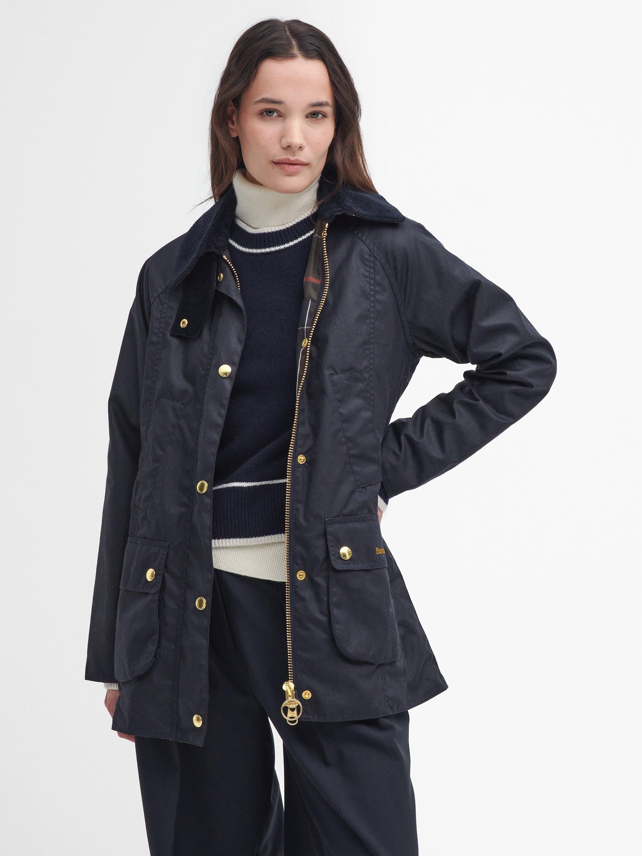 Product image 1 of 9, which shows Barbour Modern Beadnell Waxed Jacket, Navy/Classic, 8