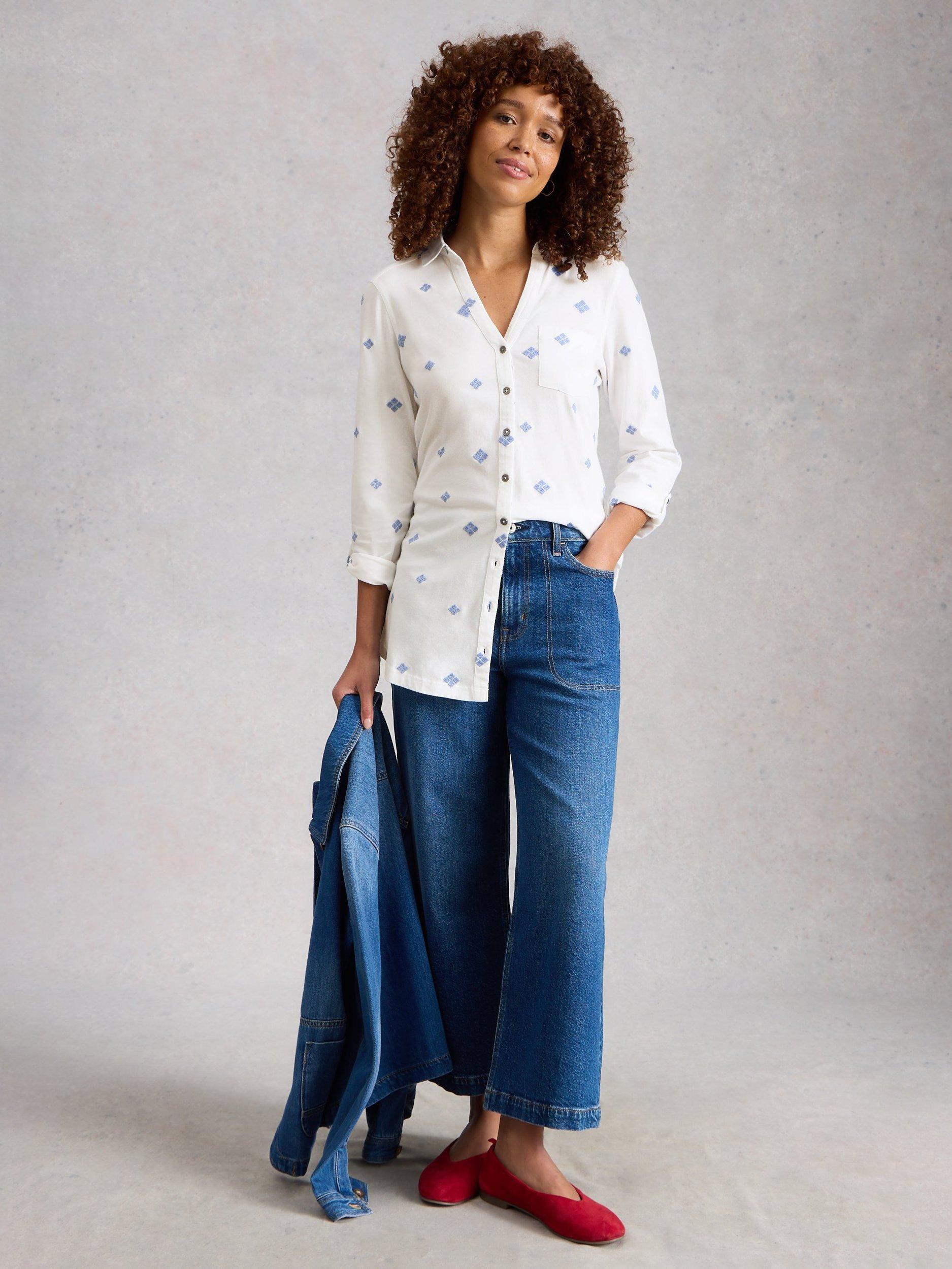 Product image 1 of 6, which shows White Stuff Annie Embroidered Longline Shirt, White/Blue, 6