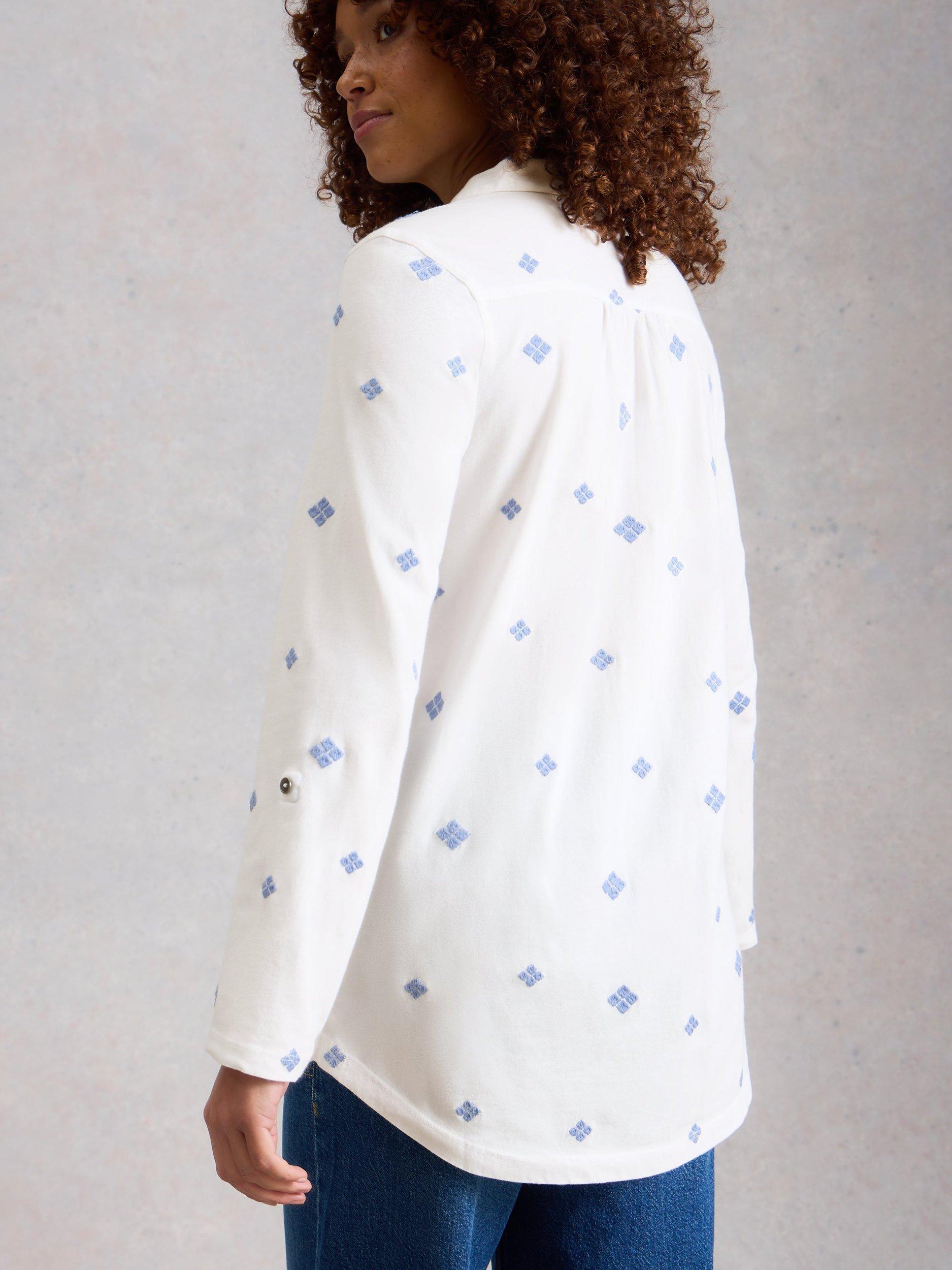 Product image 2 of 6, which shows White Stuff Annie Embroidered Longline Shirt, White/Blue, 6
