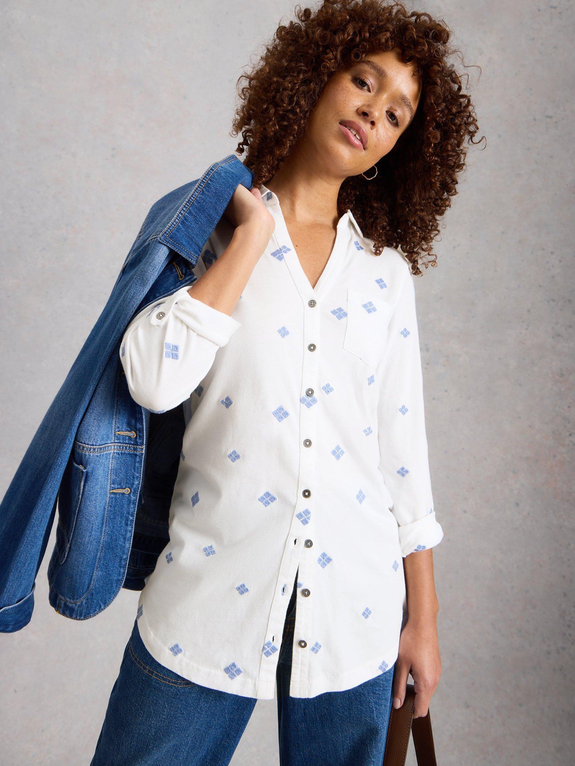 Product image 4 of 6, which shows White Stuff Annie Embroidered Longline Shirt, White/Blue, 6