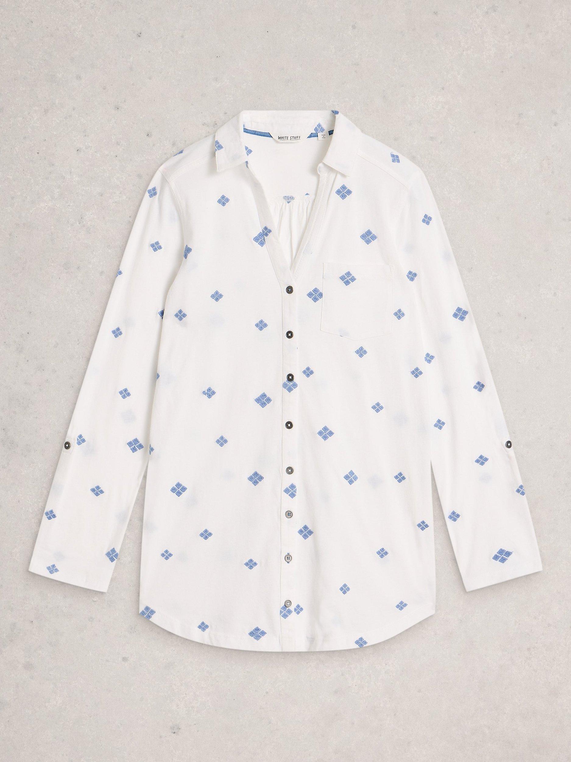 Product image 5 of 6, which shows White Stuff Annie Embroidered Longline Shirt, White/Blue, 6