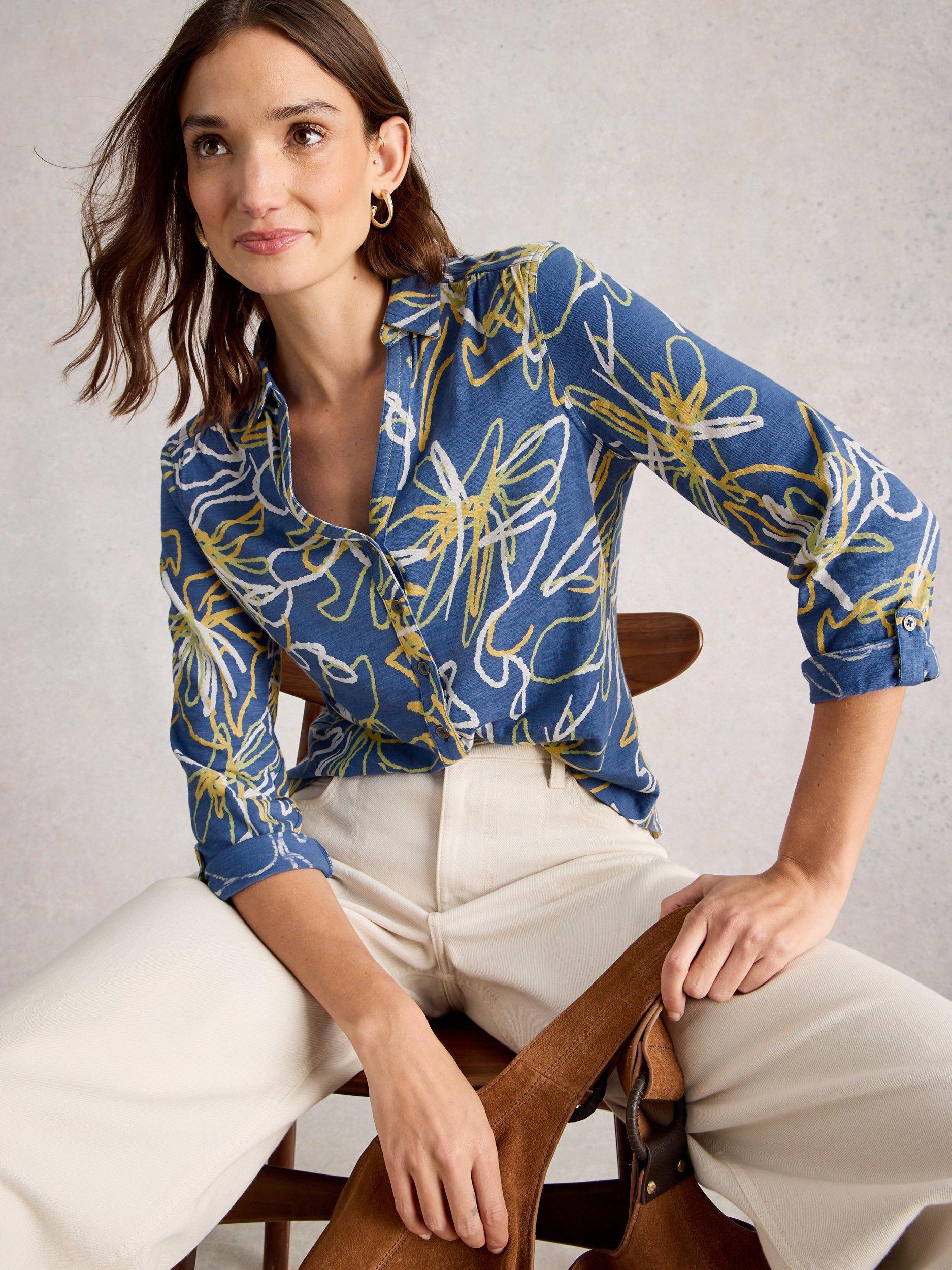 Product image 4 of 6, which shows White Stuff Annie Abstract Print Cotton Shirt, Blue/Multi, 6