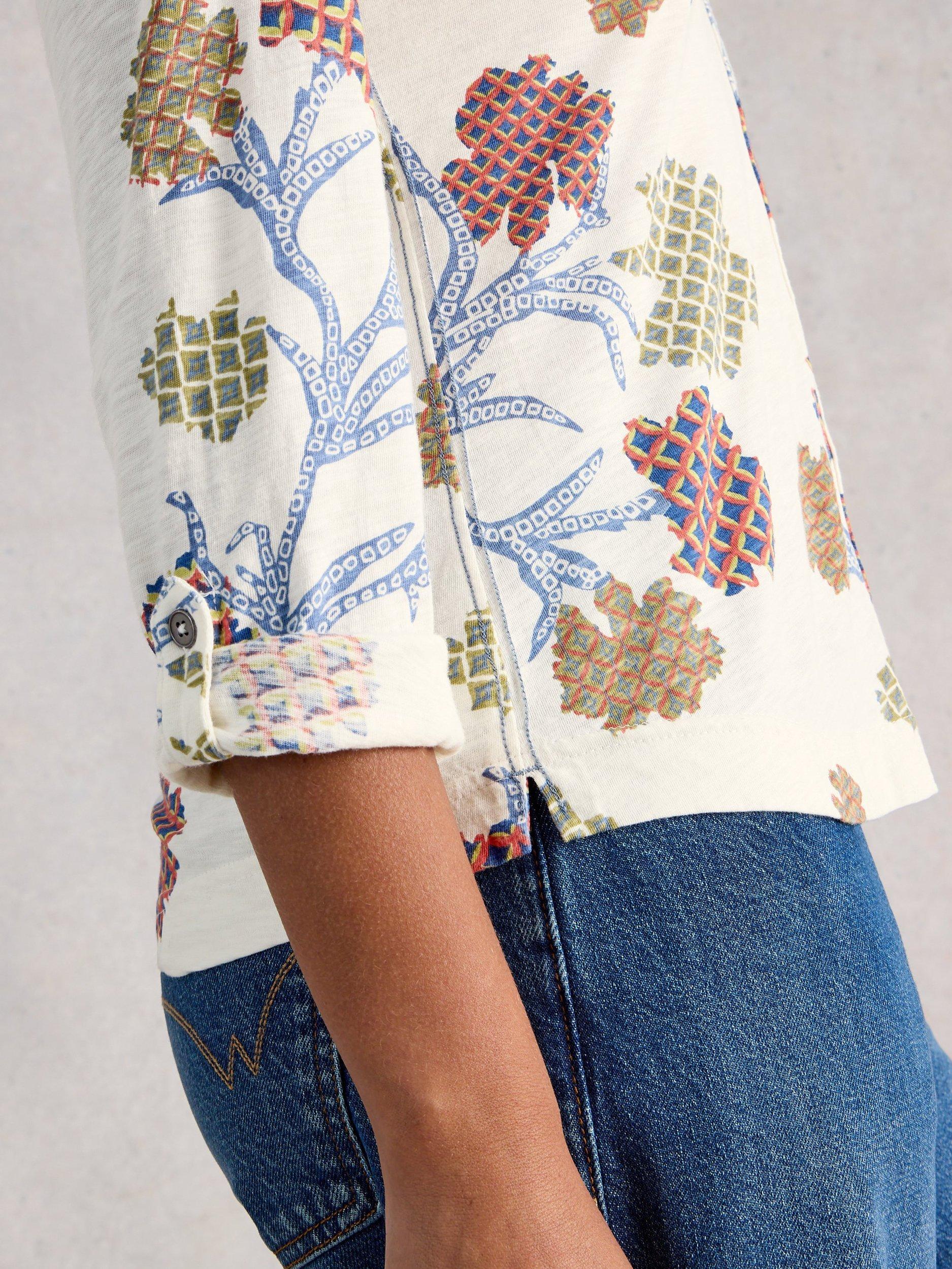 Product image 3 of 6, which shows White Stuff Annie Mixed Print Jersey Shirt, White/Multi, 6