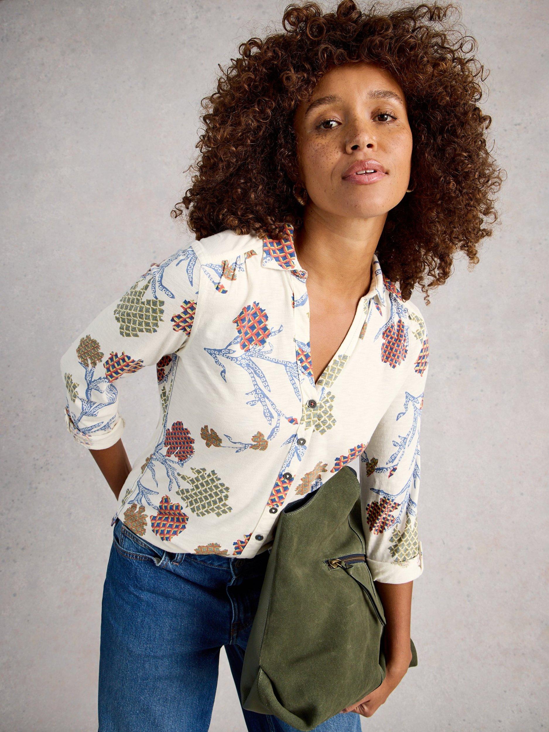 Product image 4 of 6, which shows White Stuff Annie Mixed Print Jersey Shirt, White/Multi, 6