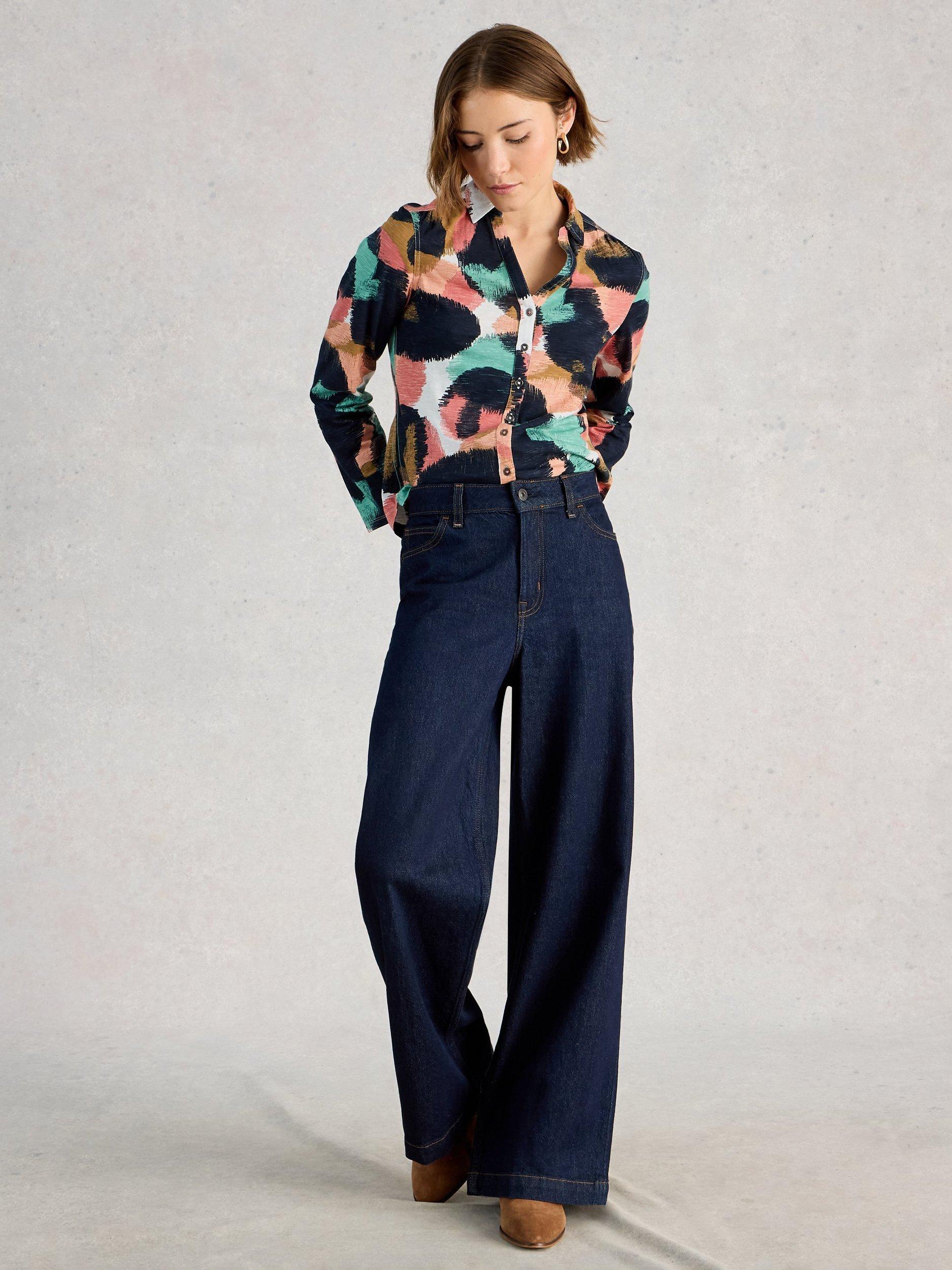 Product image 1 of 6, which shows White Stuff Annie Abstract Jersey Shirt, Navy/Multi, 6