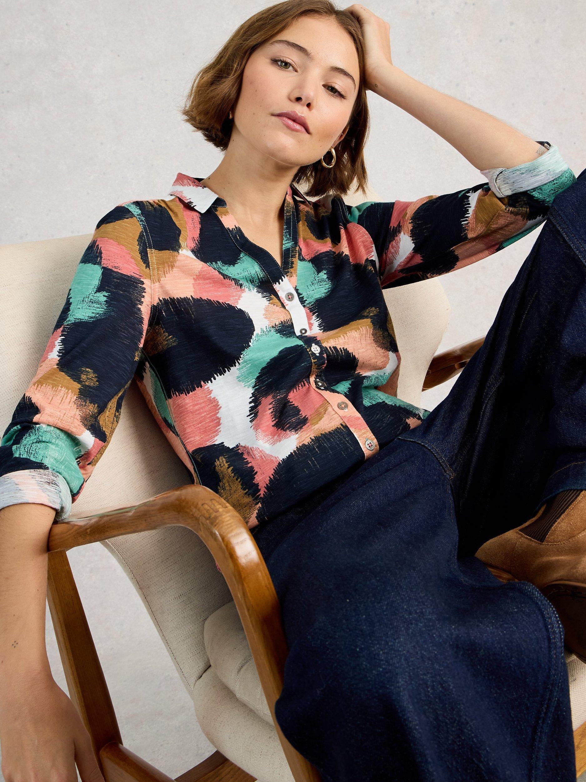 Product image 4 of 6, which shows White Stuff Annie Abstract Jersey Shirt, Navy/Multi, 6