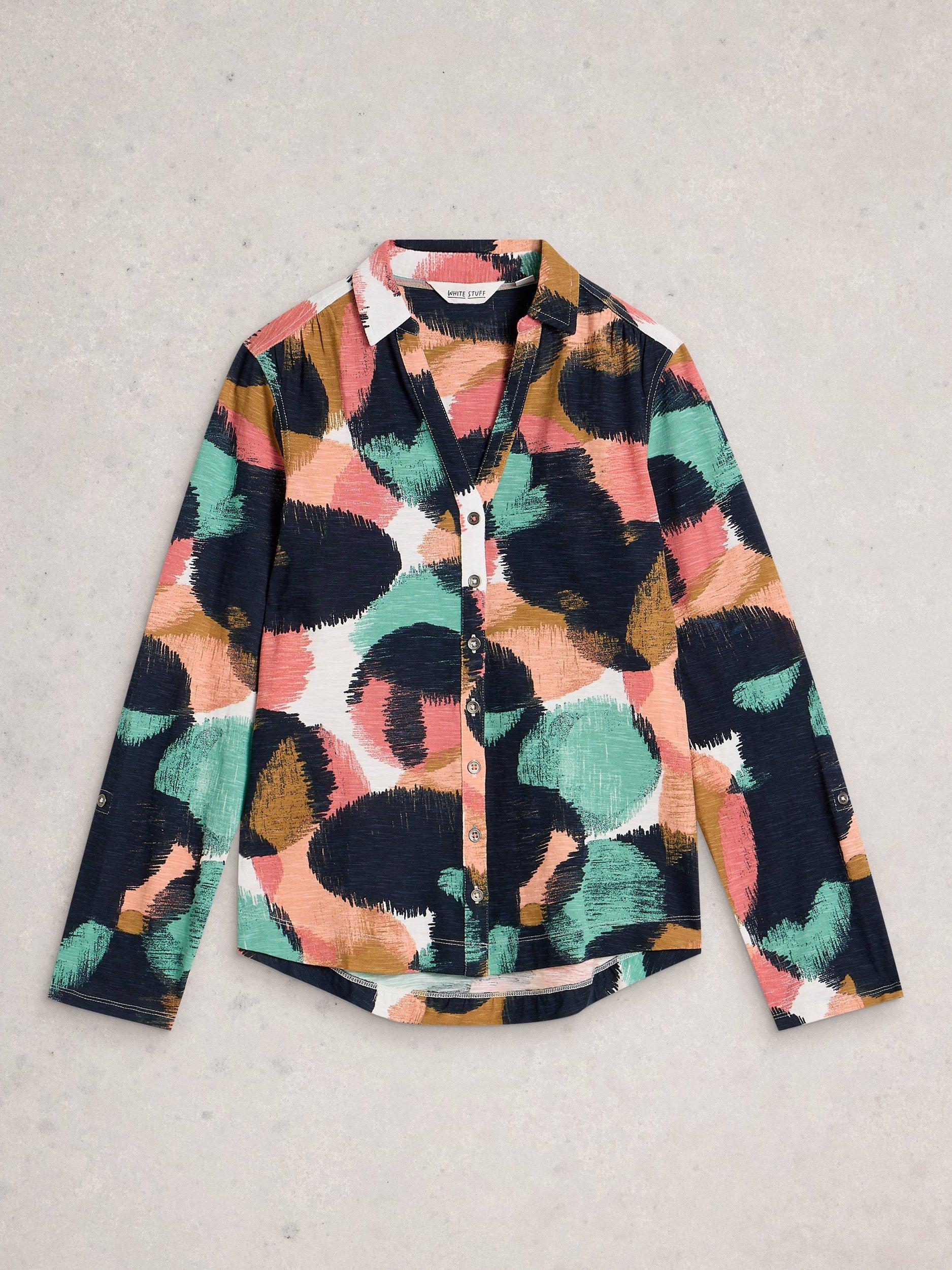 Product image 5 of 6, which shows White Stuff Annie Abstract Jersey Shirt, Navy/Multi, 6