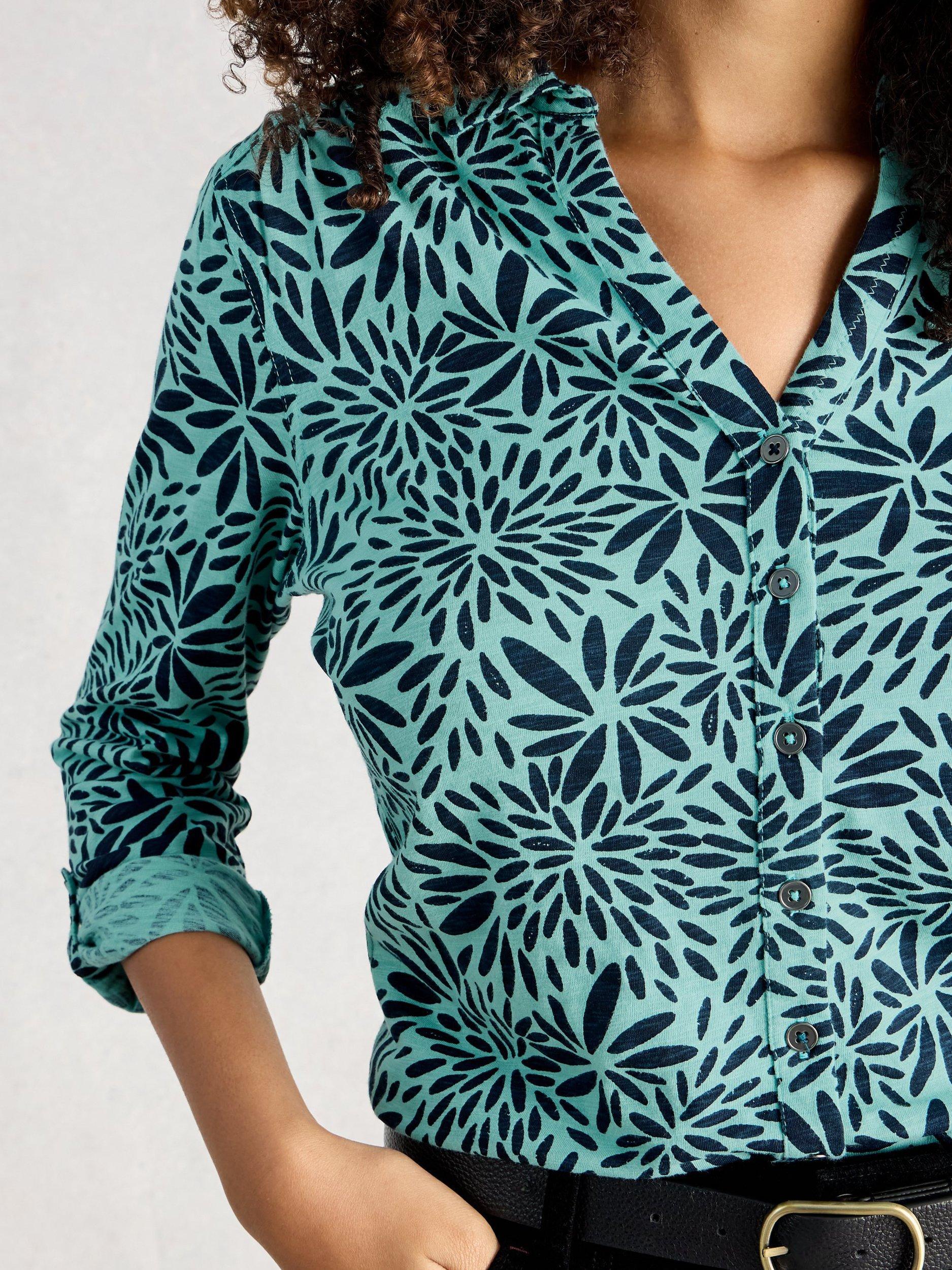 Product image 3 of 6, which shows White Stuff Annie Geometric Jersey Shirt, Teal, 6