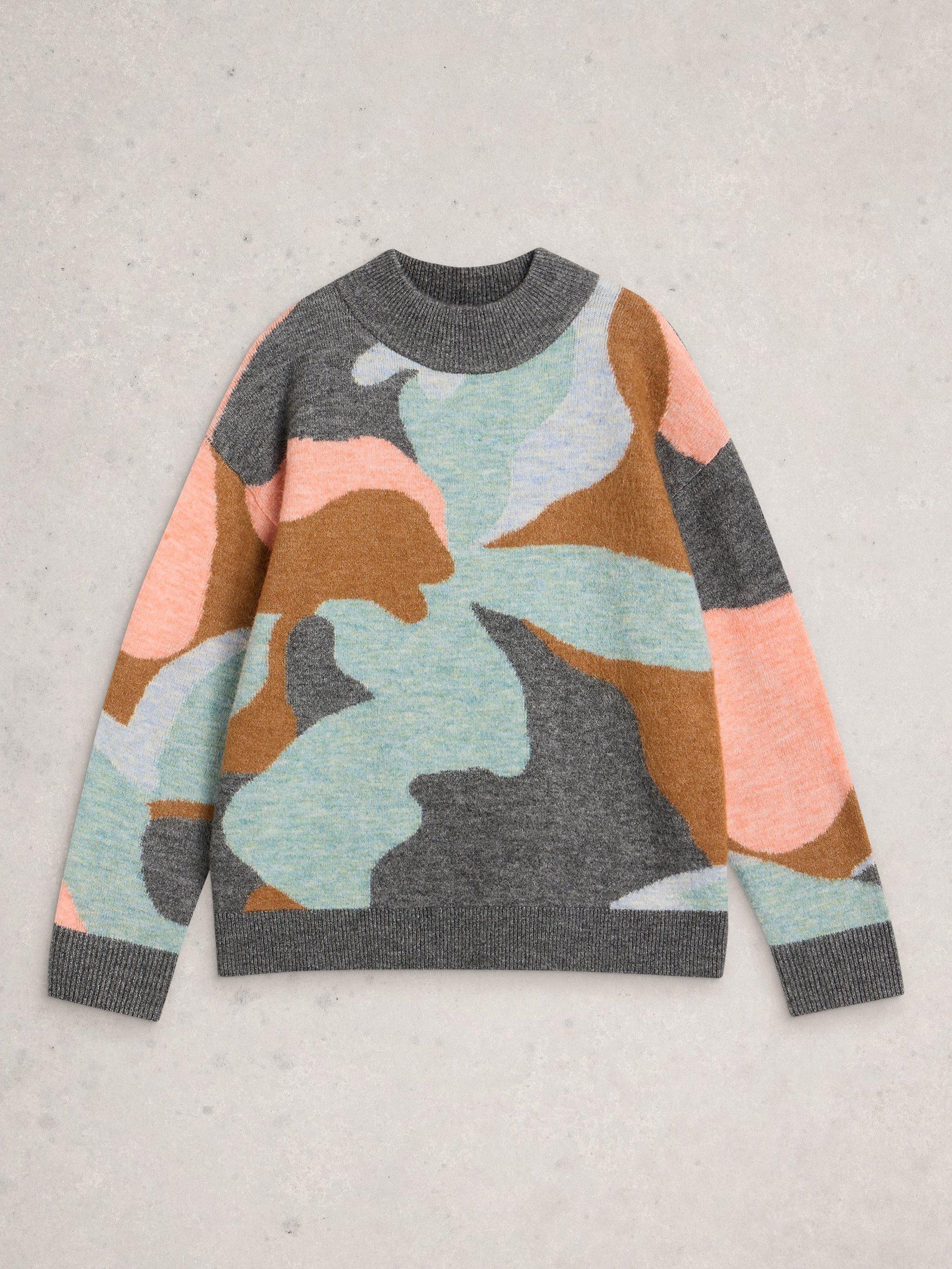 Product image 1 of 2, which shows White Stuff Aria Abstract Camo Print Jumper, Grey/Multi, 6