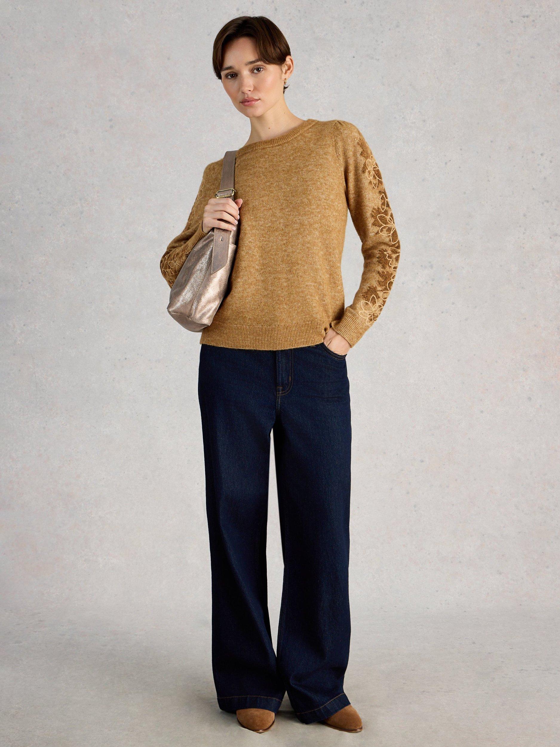 Product image 1 of 6, which shows White Stuff Jodie Embroidered Sleeve Wool Blend Jumper, Chard, 6