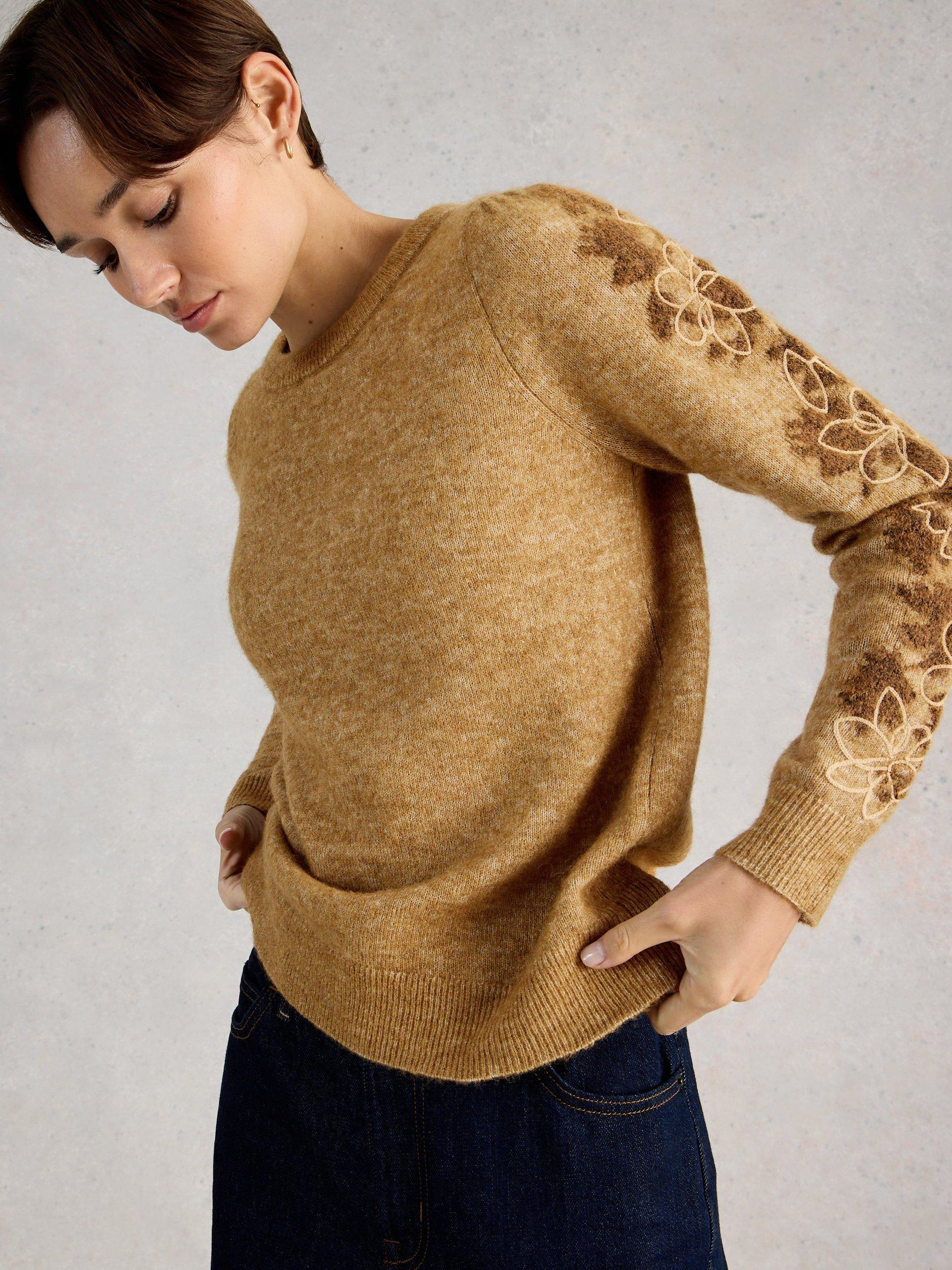 Product image 3 of 6, which shows White Stuff Jodie Embroidered Sleeve Wool Blend Jumper, Chard, 6