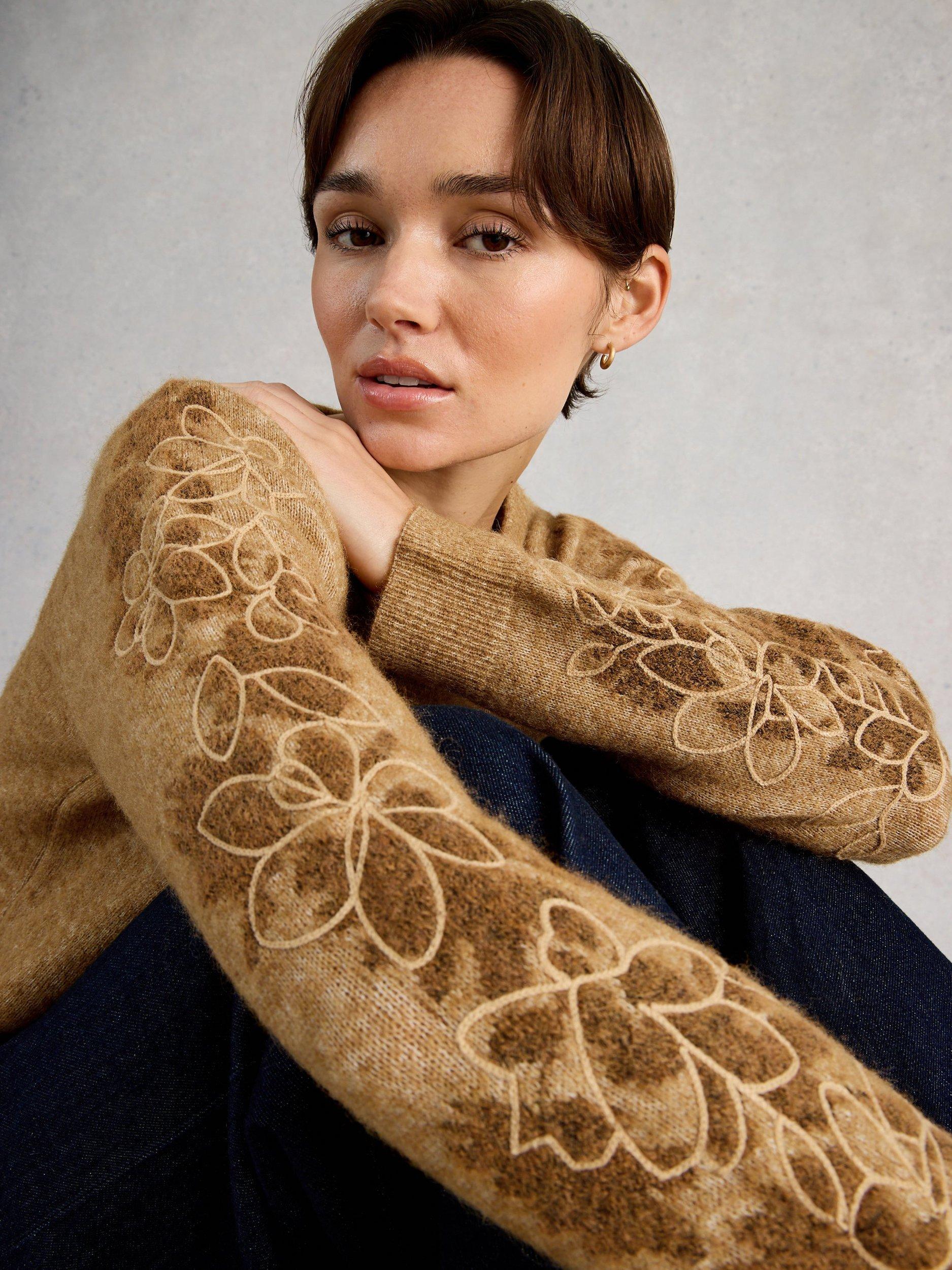 Product image 4 of 6, which shows White Stuff Jodie Embroidered Sleeve Wool Blend Jumper, Chard, 6