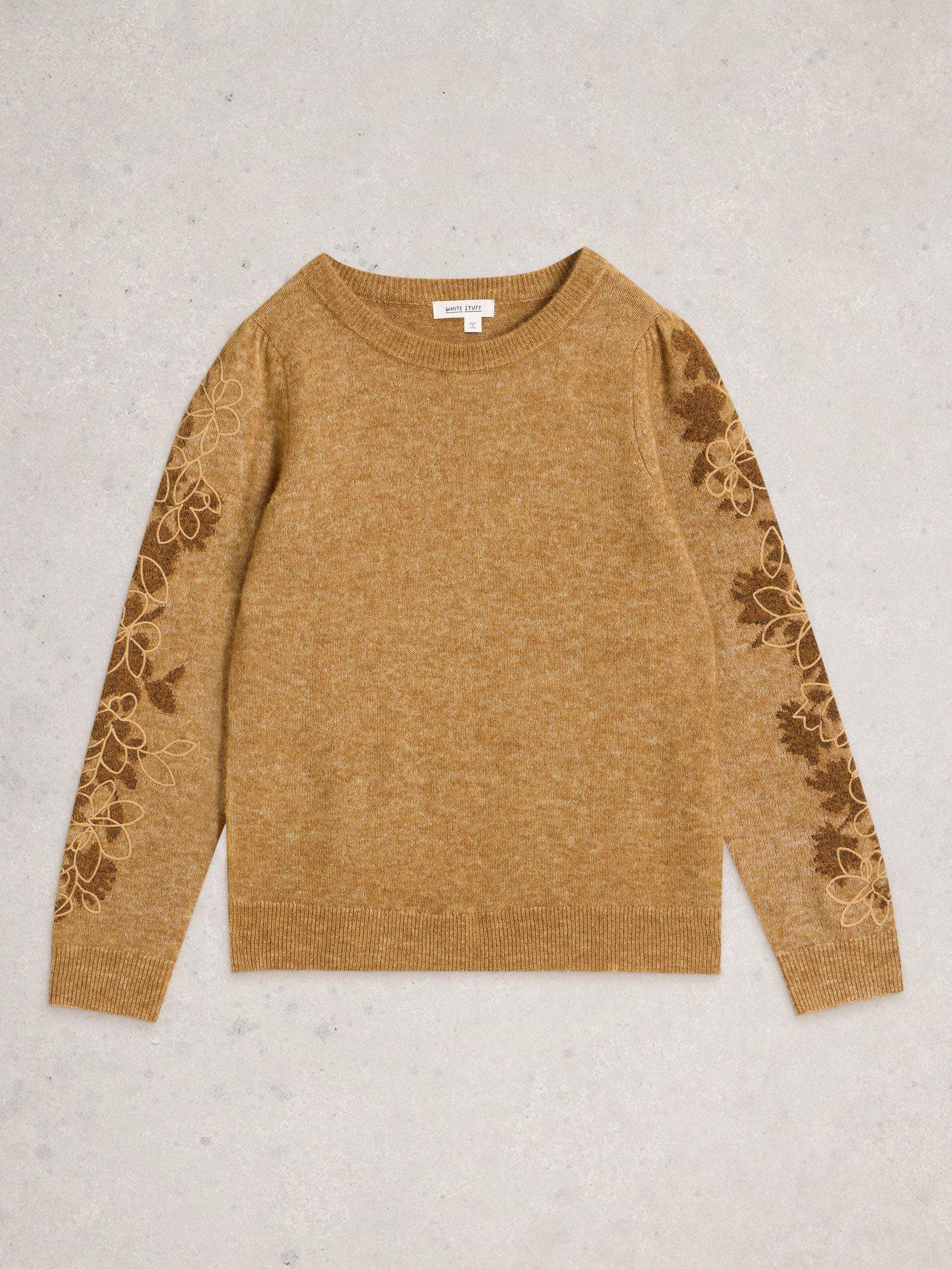 Product image 5 of 6, which shows White Stuff Jodie Embroidered Sleeve Wool Blend Jumper, Chard, 6