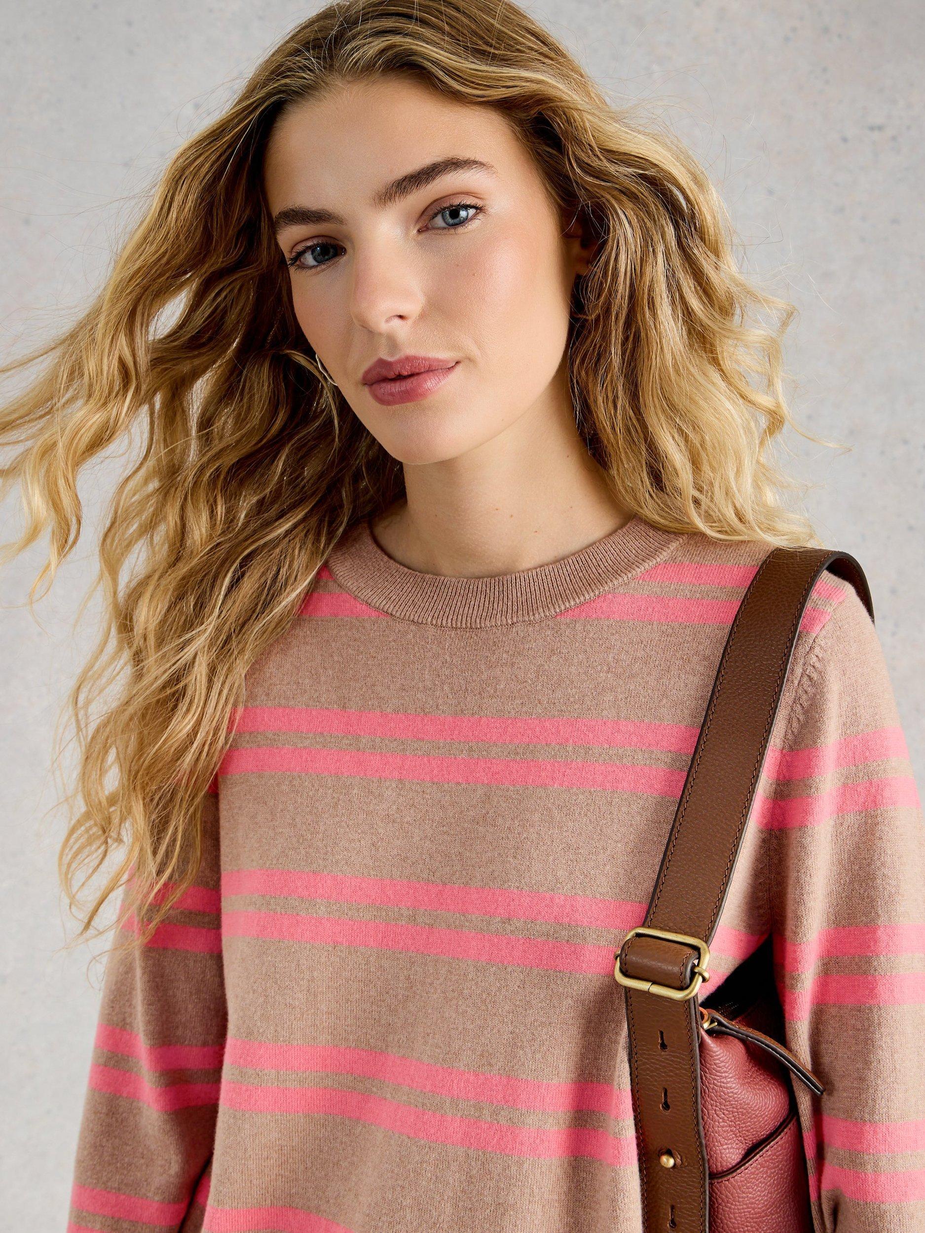 Product image 4 of 6, which shows White Stuff Katie Crew Neck Stripe Jumper, Natural/Pink, 6