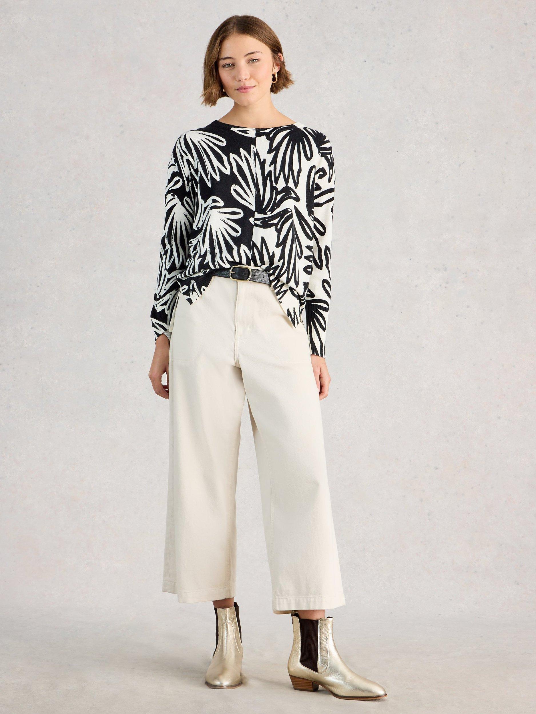 Product image 1 of 6, which shows White Stuff Olive Abstract Print Cotton Blend Jumper, Black/White, 6