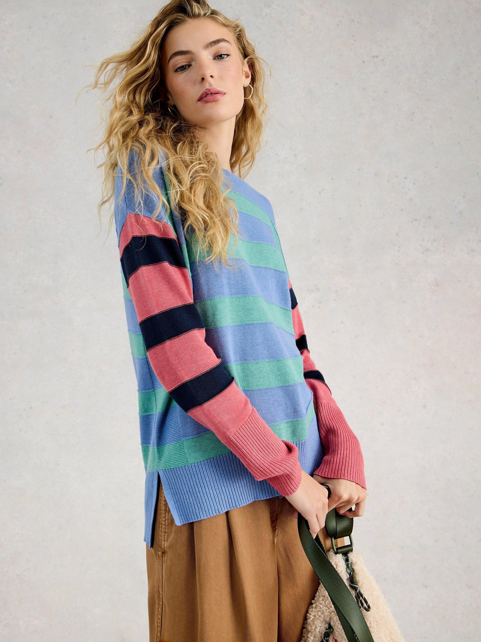 Product image 4 of 6, which shows White Stuff Olive Cotton Blend Stripe Print Jumper, Blue\multi, 6