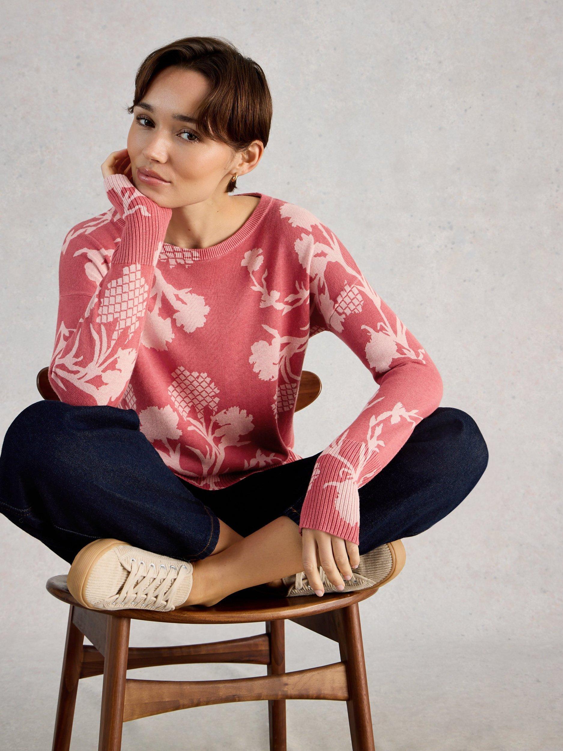 Product image 4 of 6, which shows White Stuff Olive Abstract Floral Jumper, Pink, 6