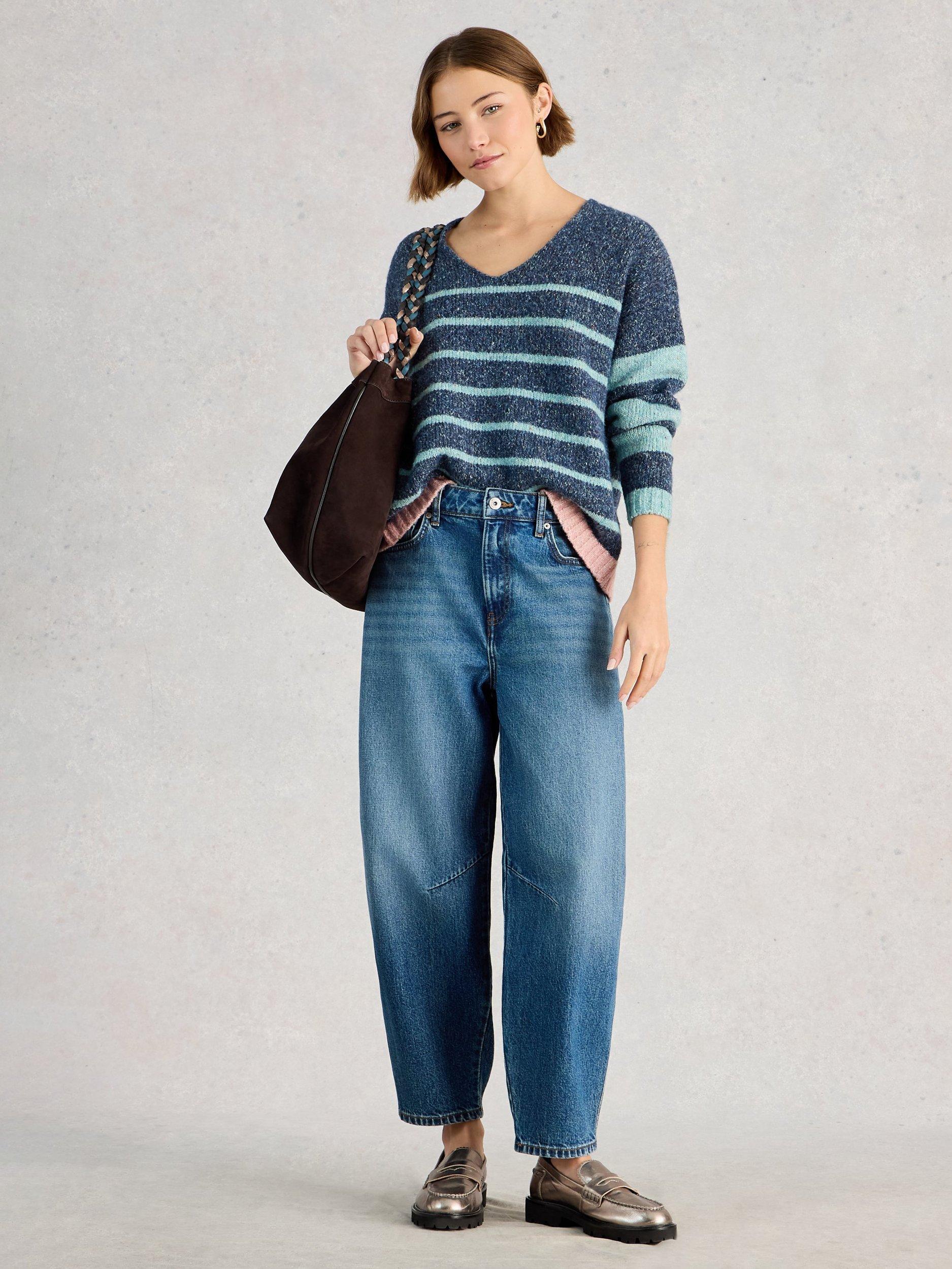 Product image 1 of 6, which shows White Stuff Tamara V-Neck Textured Stripe Jumper, Blue/Multi, 6