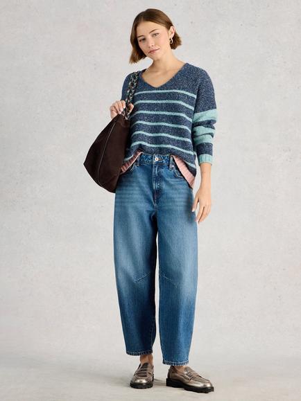 White Stuff Tamara V-Neck Textured Stripe Jumper, Blue/Multi, Blue/Multi
