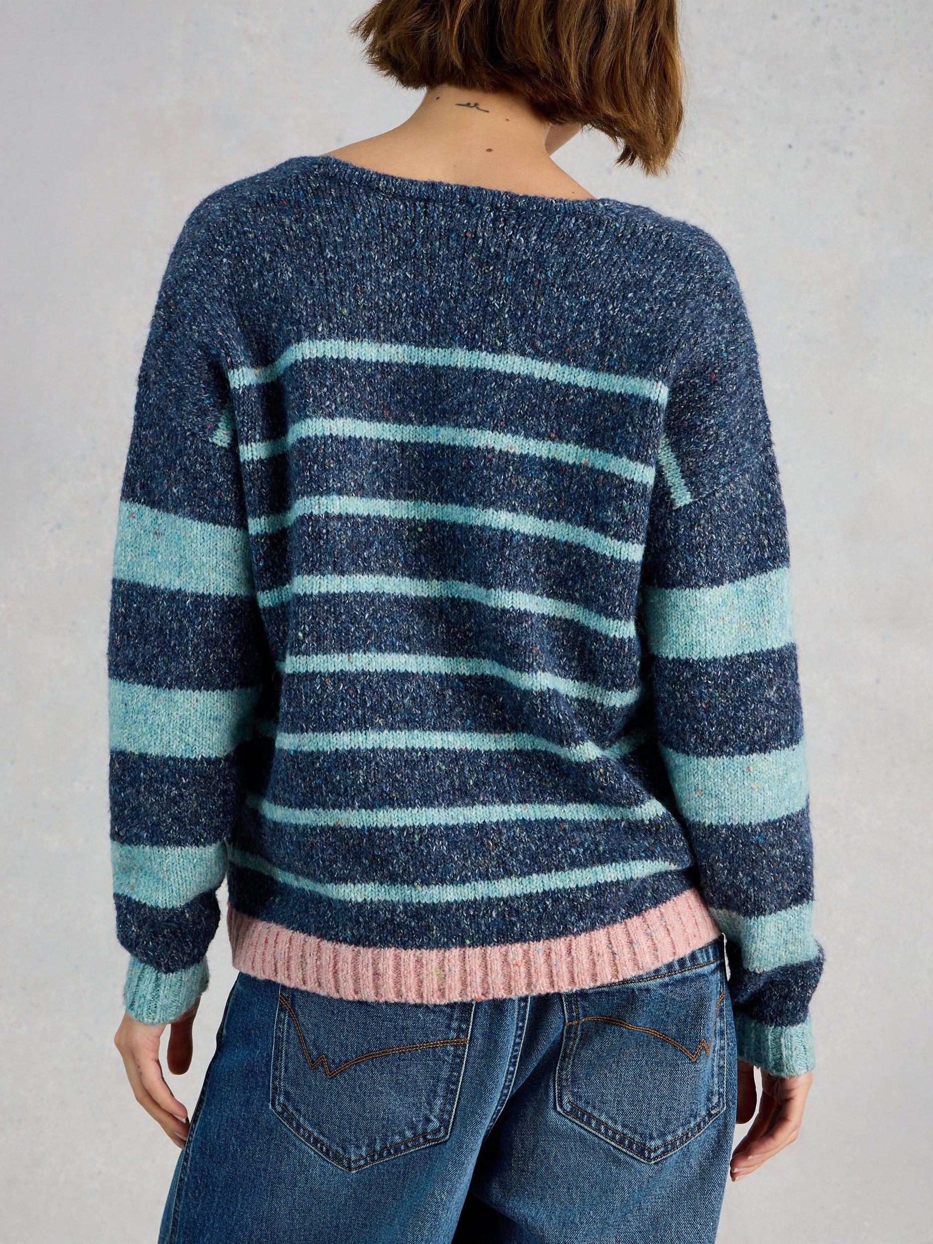 Product image 2 of 6, which shows White Stuff Tamara V-Neck Textured Stripe Jumper, Blue/Multi, 6